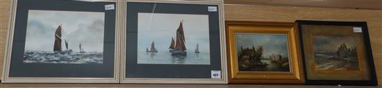 Alan Whitehead, sailing boats, watercolour, a pair, Hume Nisbet, Coastal Ruin, watercolour and a modern Dutch style oil on board 21 x